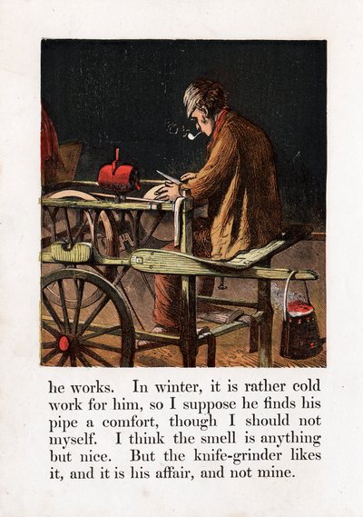 Aiguiseur de couteaux itinérant affûtant une lame en tournant une meule avec une pédale, c1867 - Unbekannt