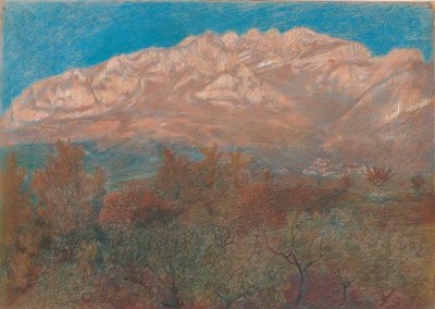 Paysage avec le mont Resegone rose et violet derrière le feuillage des arbres sous un ciel bleu - Unbekannt