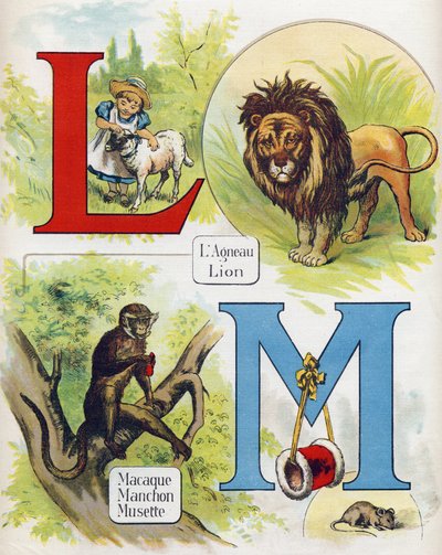 Lettres L et M : agneau et lion, macaque, manche et musette. Gravure dans "ABC L