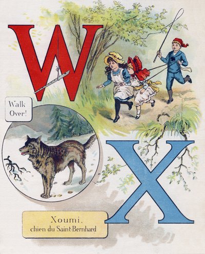 Lettres W et X : Walk over et Xoumi, chien de Saint-Bernard. Gravure dans « ABC L