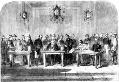 Lord Elgin signant le traité de Tainjin pour mettre fin à la Seconde Guerre de l