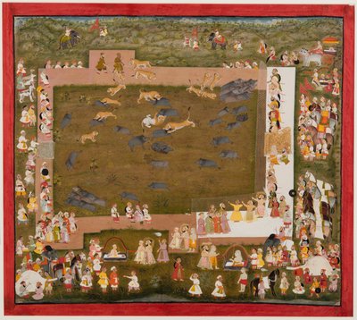 Maharaja Sangram Singh et sa cour observent un combat entre tigres et sangliers à Sadri, vers 1720 - Unbekannt