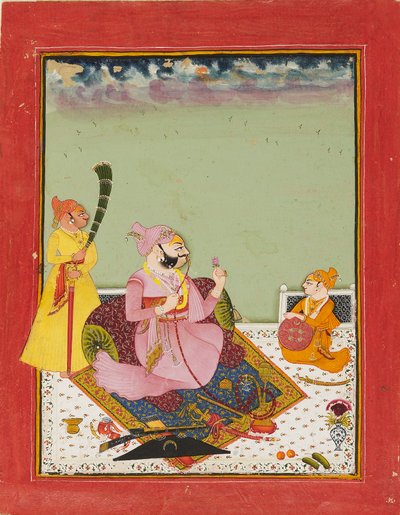 Maharao Ajit Singh sur une terrasse avec son fils et un serviteur, vers 1770 - Unbekannt