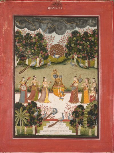 Malar Ragini : Krishna jouant de la flûte à sept Gopis tenant des instruments de musique..., vers 1760 - Unbekannt