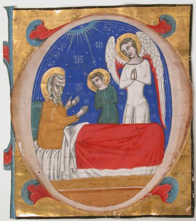 Enluminure de manuscrit avec Tobie, Tobias et l