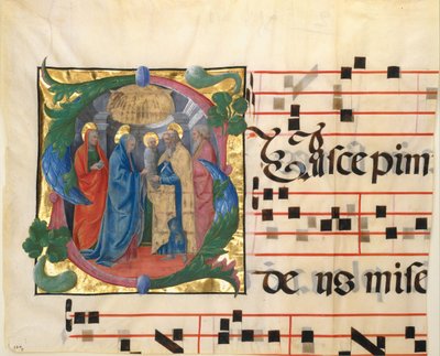Enluminure de manuscrit avec la Présentation au Temple dans une initiale S, d