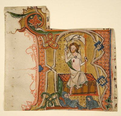 Feuille de manuscrit montrant une initiale R illuminée avec La Résurrection, fin XIIIe siècle - Unbekannt