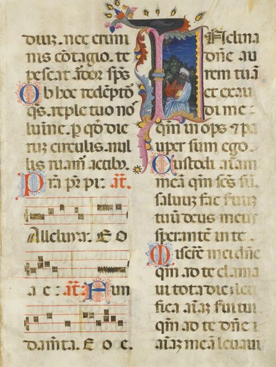 Feuille de manuscrit avec le roi David dans une initiale I, d