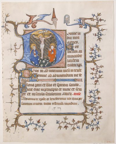 Feuille de manuscrit avec la Crucifixion dans une initiale D, d