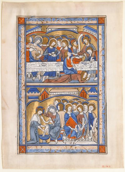 Feuille de manuscrit avec la Cène et le Lavement des pieds des apôtres, vers 1250-70 - Unbekannt