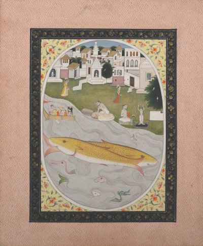 Peinture manuscrite avec scène tantrique hindoue représentant deux poissons, 1800-1820 - Unbekannt