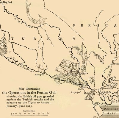 Carte illustrant les opérations dans le golfe Persique, Première Guerre mondiale, 1915, vers 1920 - Unbekannt