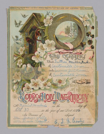 Certificat de mariage de Luther Miller Pulce et Irene Jenkins, 30 octobre 1902 - Unbekannt