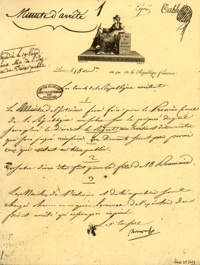 Ordre ministériel concernant...un...sabre pour le Premier Consul, 10 octobre 1801, 1921 - Unbekannt
