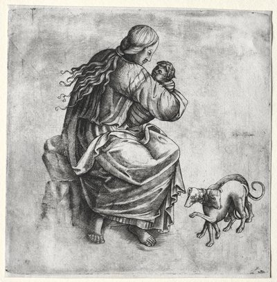 Mère et enfant avec deux chiens, fin des années 1400 - Unbekannt