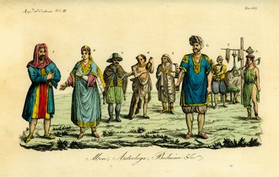 Homme musulman en pèlerinage à La Mecque 1, femme musulmane 2, homme musulman en tenue de voyage 3, musulman ordinaire 4, saint derviche 5, astrologue ou Tagessa 6, muletier 7, barbier ou Kagiem 8, fille bédouine près de Beja (Beggia) 9 - Unbekannt