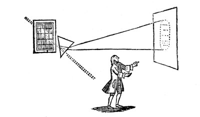 Expérience de Newton divisant la lumière blanche en couleurs du spectre par un prisme, 1757 - Unbekannt
