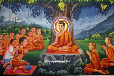 Peinture représentant Bouddha enseignant sous un arbre, avec le roi Bimbisara à Rajagaha Udong Cambodge - Unbekannt
