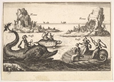 Planche 15 : Rivières et déesses, avec îles flottantes guidées par des porteurs de perches, figure féminine..., 1664 - Unbekannt