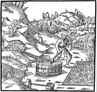Production de sel par évaporation de saumure naturelle en la versant dans une fosse de charbon ardent, 1556 - Unbekannt