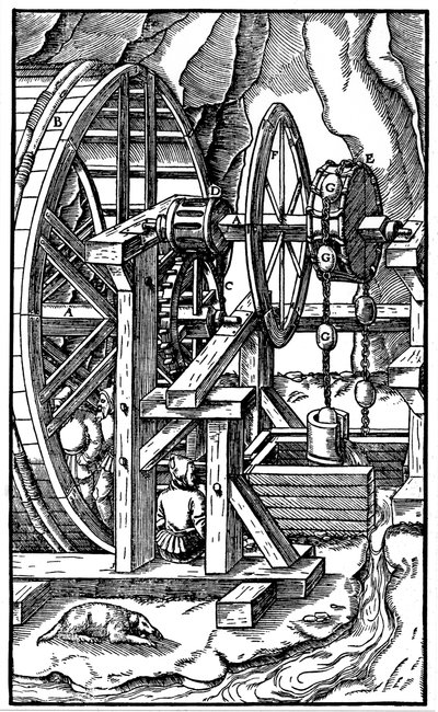 Pompe actionnée par des hommes dans une roue de moulin - Unbekannt