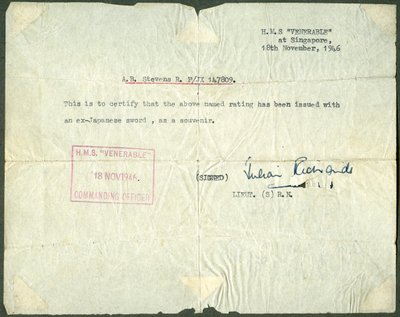 Reçu pour une épée ex-japonaise, HMS Venerable, Singapour, 1946 - Unbekannt