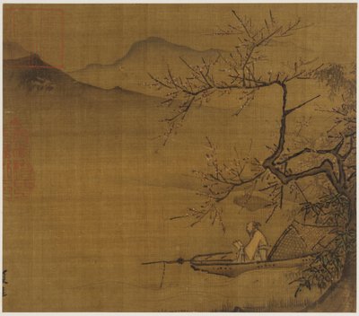 Paysage fluvial : un homme lisant dans un bateau amarré sous un arbre en fleurs, dynastie Ming, 1368-1644 - Unbekannt