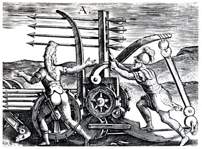 Soldats romains utilisant une machine de guerre tirant des flèches multiples, 1605 - Unbekannt