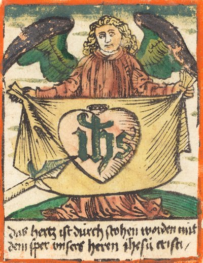 Monogramme sacré dans un cœur sacré sur un tissu tenu par un ange, vers 1480 - Unbekannt