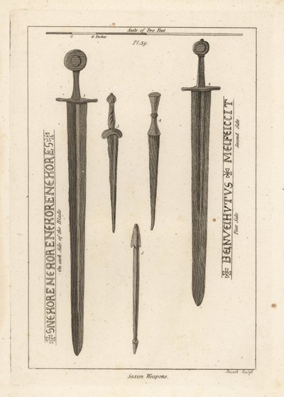 Armes saxonnes : ancienne épée en fer 1,2, et poignards et dagues 3,4 trouvés dans la rivière Wytham, Lincolnshire, et un carreau d