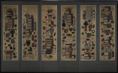 Livres et ustensiles de savants Chaekkori. Écran pliant à six sections, milieu du 19e siècle - Unbekannt
