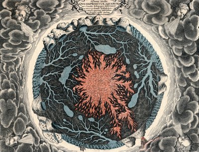 Vue en coupe de la Terre, montrant le feu central et les canaux souterrains reliés aux océans, 1665 - Unbekannt