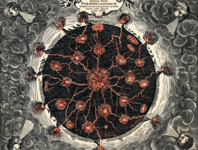 Vue en coupe de la Terre, montrant le feu central et les volcans, 1665 - Unbekannt