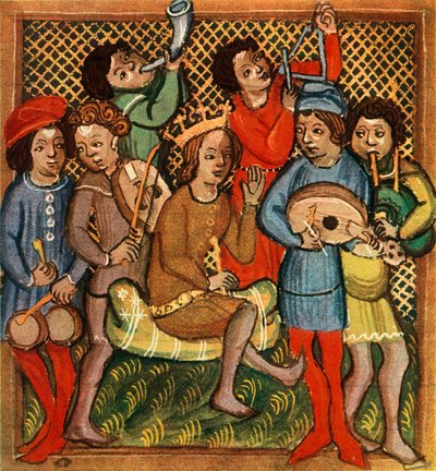 Petits tambours, violon, cor, triangle, luth et cornemuse, Bible d