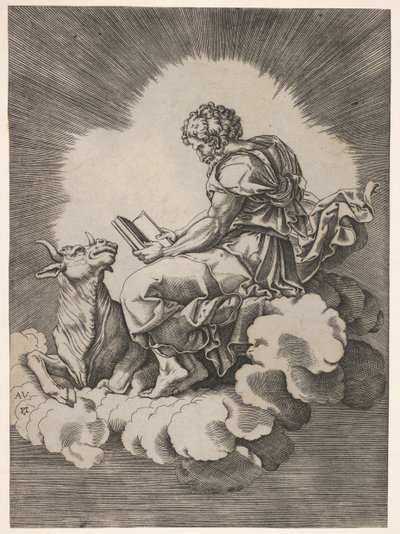 Saint Luc, assis sur un nuage avec un livre ouvert dans les mains, un taureau couché à ses pieds - Unbekannt