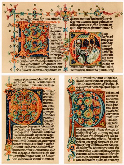 Page de texte avec lettres initiales illuminées, 14ème siècle - Unbekannt