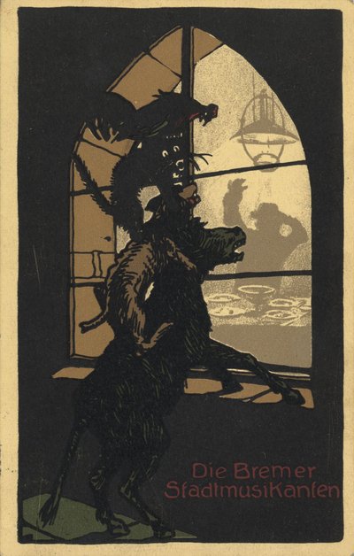 Conception de la couverture du livre Les musiciens de Brême par les frères Grimm, années 1910 - Unbekannt