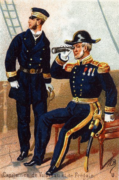 U : Capitaine de navires et frégate. Gravure dans « Alphabet militaire ». Initiales de l