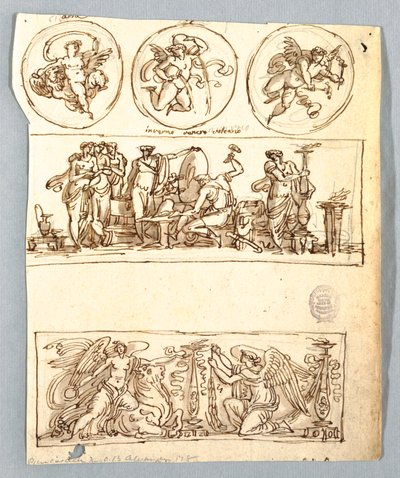 Vénus à la forge de Vulcain, Hiver, Victoires et trois médaillons, Putti comme éléments - Unbekannt