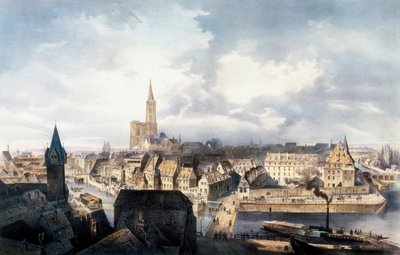 Vue de Strasbourg (France) depuis la tour Saint-Guillaume. Lithographie en couleurs. - Unbekannt