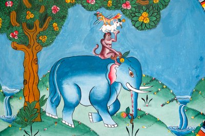 Mur représentant la légende des quatre amis ; éléphant ; singe ; lapin et coq ; Kharbadi Gompa ; Phuentsholing ; Royaume du Bhoutan - Unbekannt