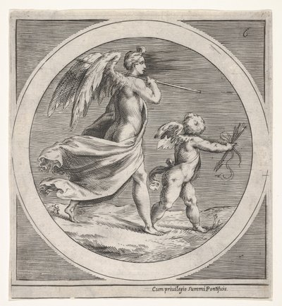 Figure féminine ailée, drapée et portant un bâton, marchant derrière un putto ailé..., vers 1550-1600 - Unbekannt
