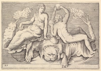 Femme et homme assis sur une peau de lion, homme versant du vin, publié vers 1599-1622 - Unbekannt