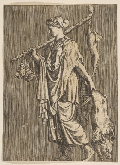 Femme revenant de la chasse portant un sanglier dans sa main gauche et un bâton sur son r..., vers 1515-1600 - Unbekannt