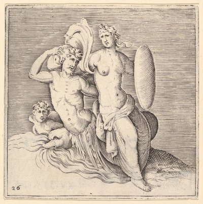 Femme avec un bouclier assise sur un monstre marin - Unbekannt