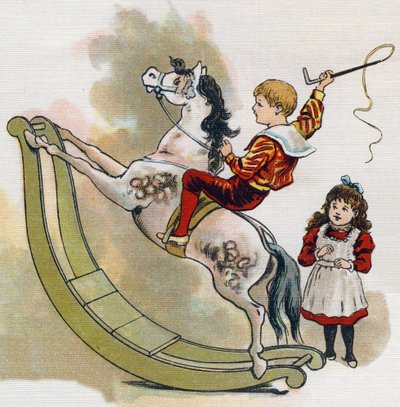 Jeune garçon sur un cheval à bascule avec un fouet. Gravure dans "ABC L