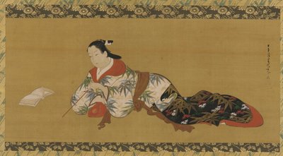 Yujo allongée et lisant une partition musicale, période Edo, 1615-1868 - Unbekannt