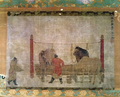 Pendaison, représentant des palefreniers nourrissant des chevaux, encre et aquarelle sur soie, attribué à Jen Jen-Far, chinois, XIVe siècle - Unbekannt Unbekannt