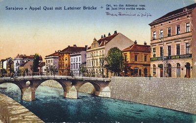 Carte postale représentant Sarajevo, le quai Appel et le pont Lateiner, lieu de l