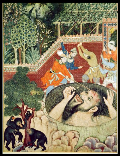 Zumrud Shah tombe dans une fosse et est battu par des jardiniers, du Hamzanama (Livre de Hamza), de l